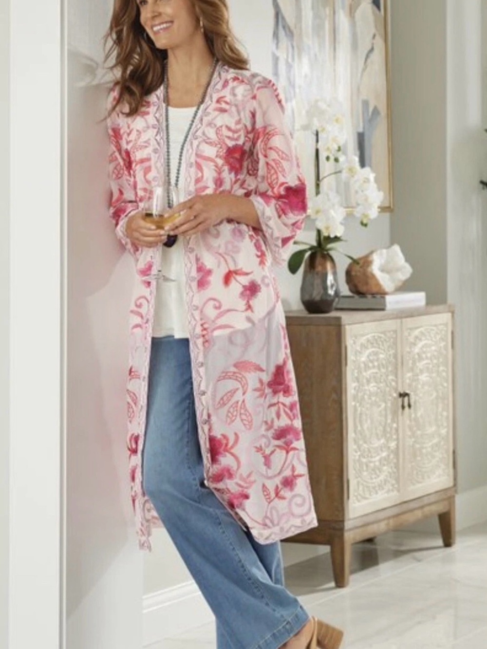 Soft Surroundings Pink Floral Palisade Topper Magenta Sheer Kimono Cover Up NWT